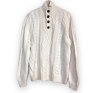 HAGGAR Men's Cream Cable Knit Fisherman Style Henley Wool Blend Sweater Size L